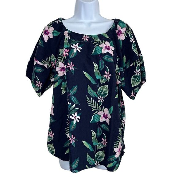 Old Navy | Navy Blue Floral Tropical Print Short Sleeve Blouse Women’s Large - Picture 1 of 8